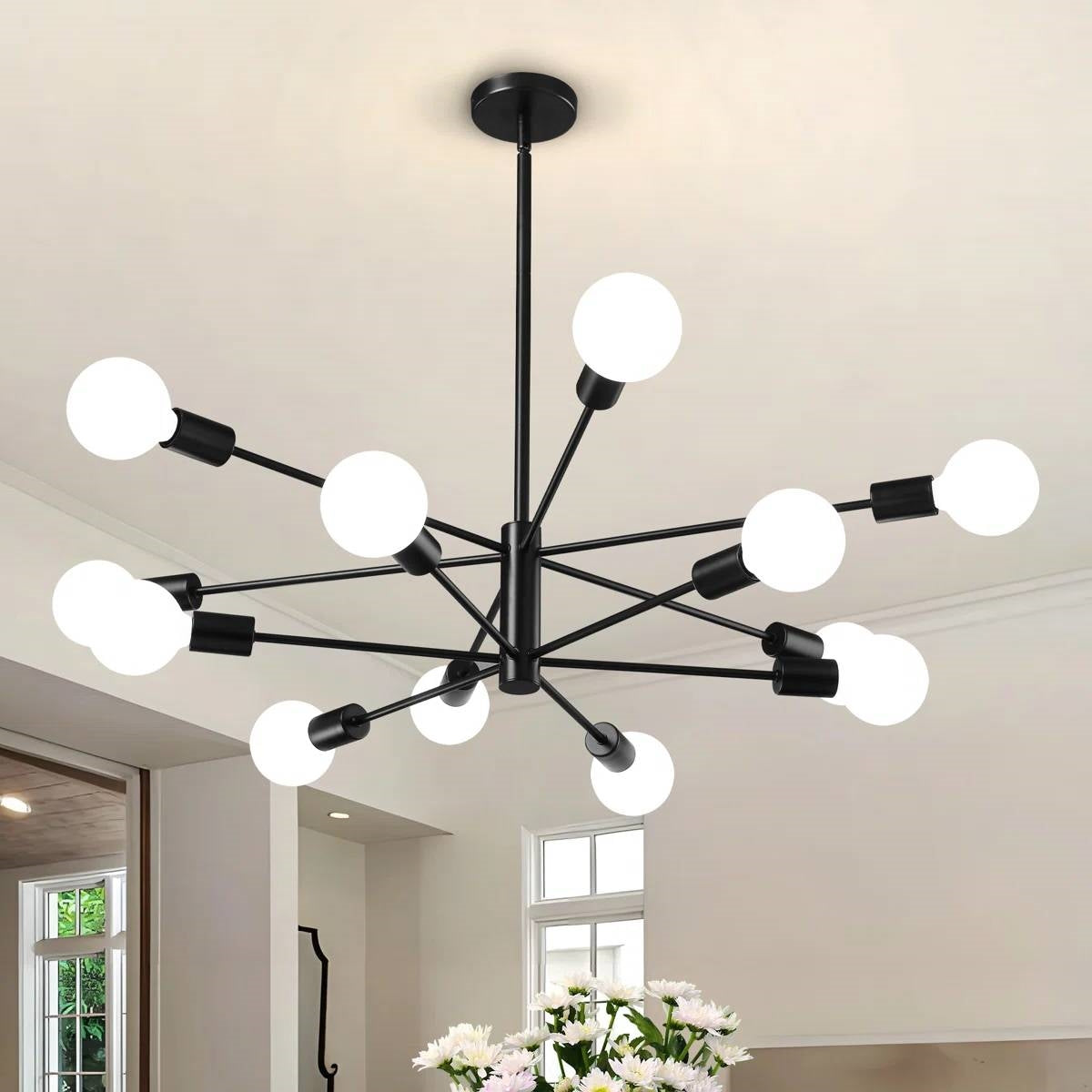 Black 33-inch Modern 12-Light Dimmable Sputnik Chandelier Lamp-3