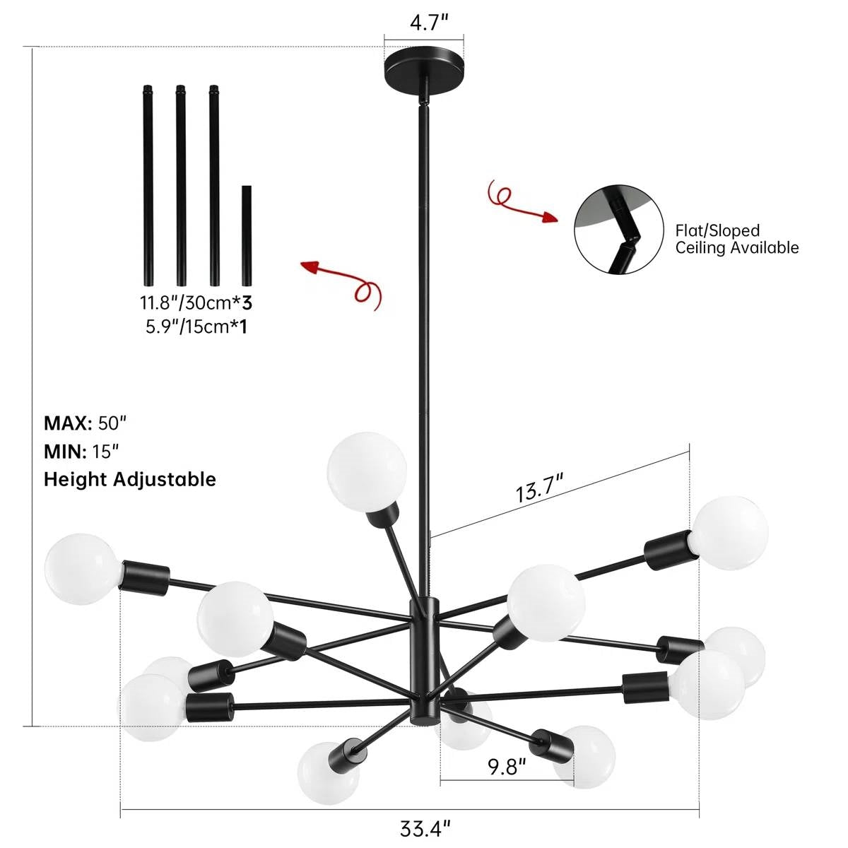 Black 33-inch Modern 12-Light Dimmable Sputnik Chandelier Lamp-4