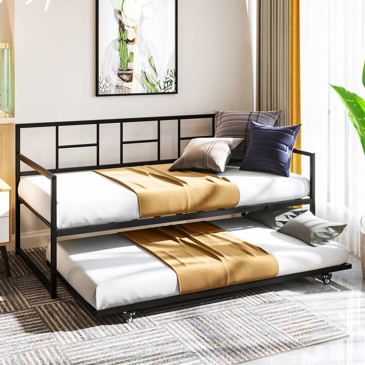 Twin size Black Metal Daybed Frame with Roll Out Trundle Bed Frame-0