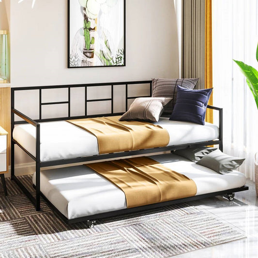 Twin size Black Metal Daybed Frame with Roll Out Trundle Bed Frame-0