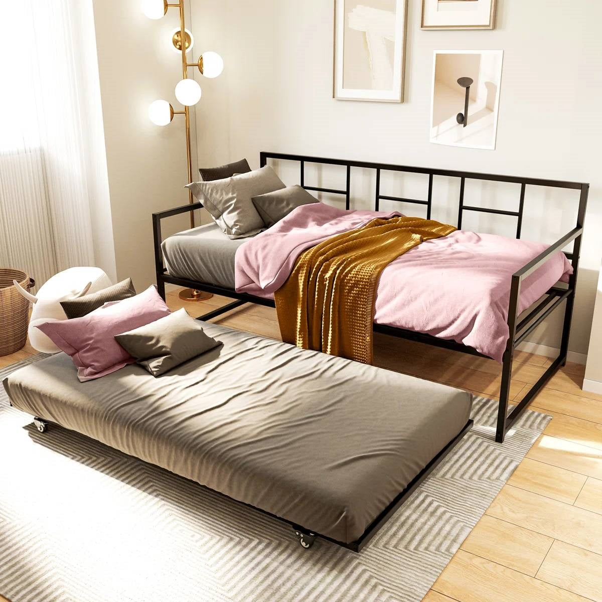 Twin size Black Metal Daybed Frame with Roll Out Trundle Bed Frame-1