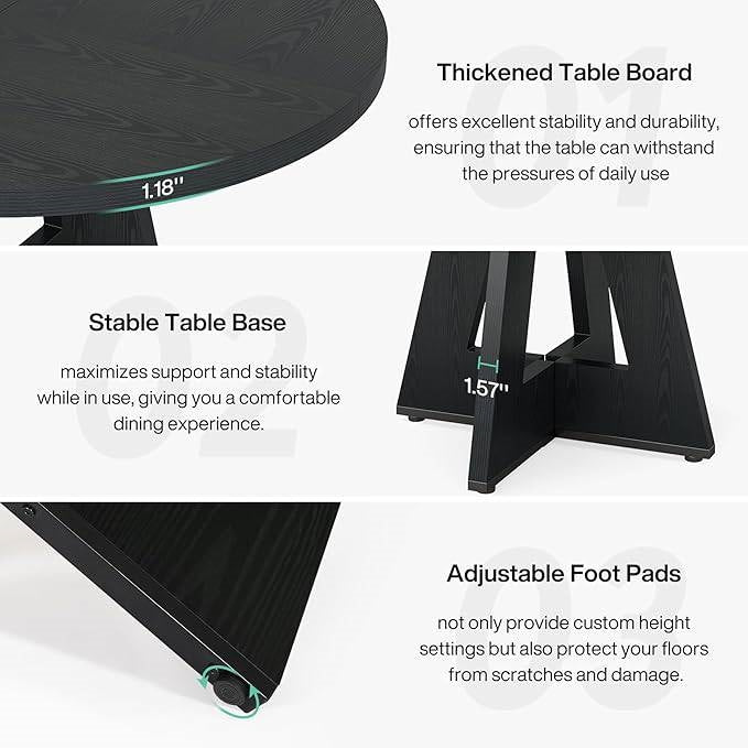 Modern Farmhouse 47-inch Round Kitchen Dining Table in Black Wood Finish-3