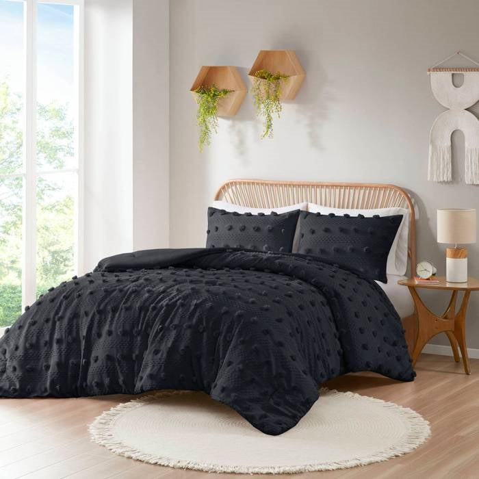 Twin/Twin XL 2 Piece Pompom Microfiber Hypoallergenic Comforter Set in Black-2