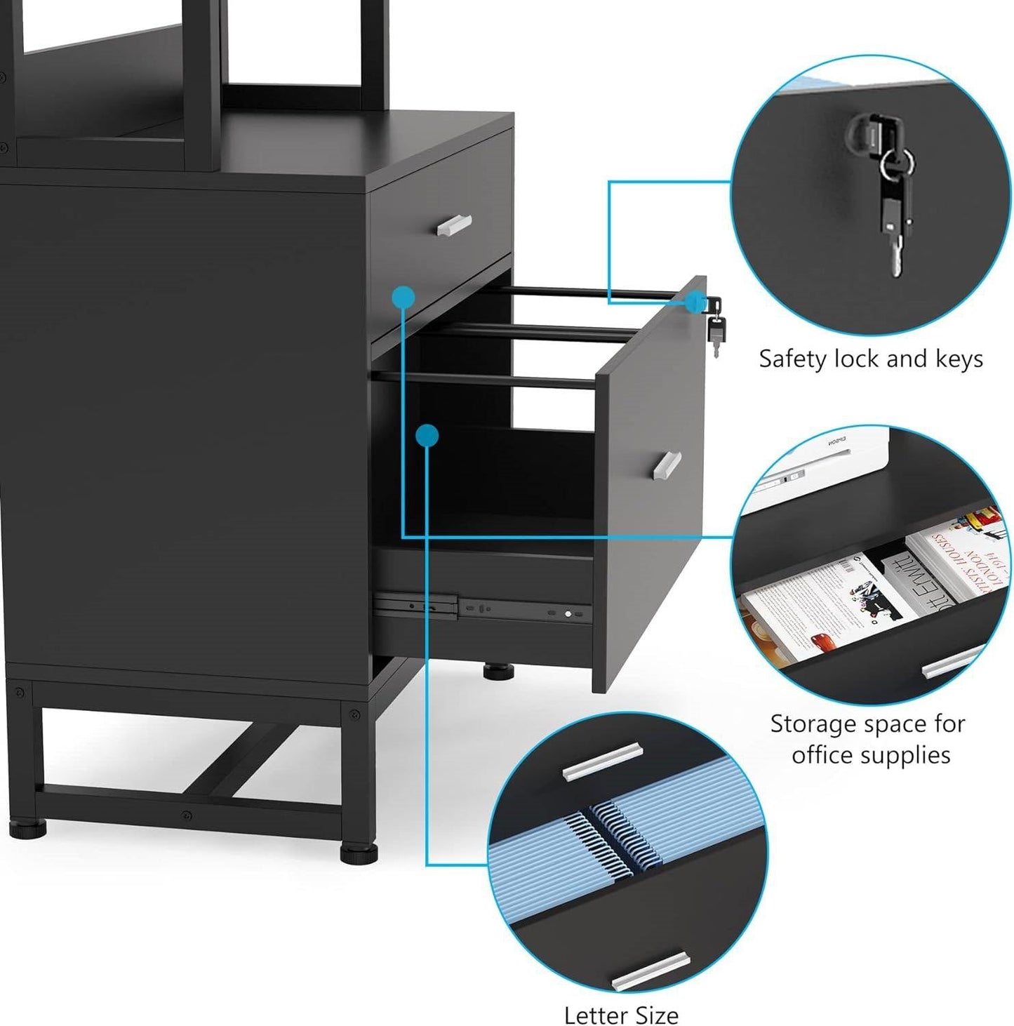 Home Office Lockable 2 Drawer Filing Cabinet Bookshelf in Black Wood Finish-3