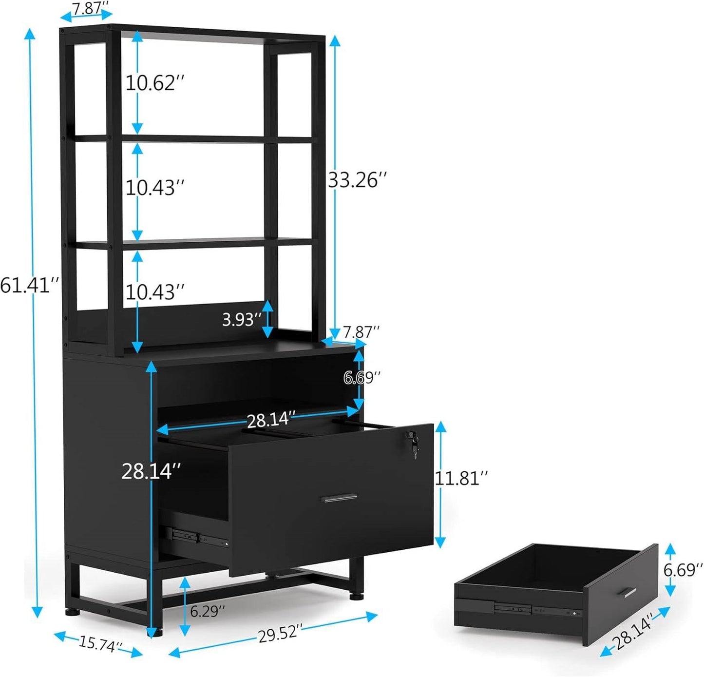 Home Office Lockable 2 Drawer Filing Cabinet Bookshelf in Black Wood Finish-4