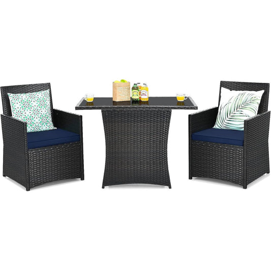 3-Piece Patio Furniture Outdoor Dining Set Brown PE Rattan Navy Blue Cushions-0