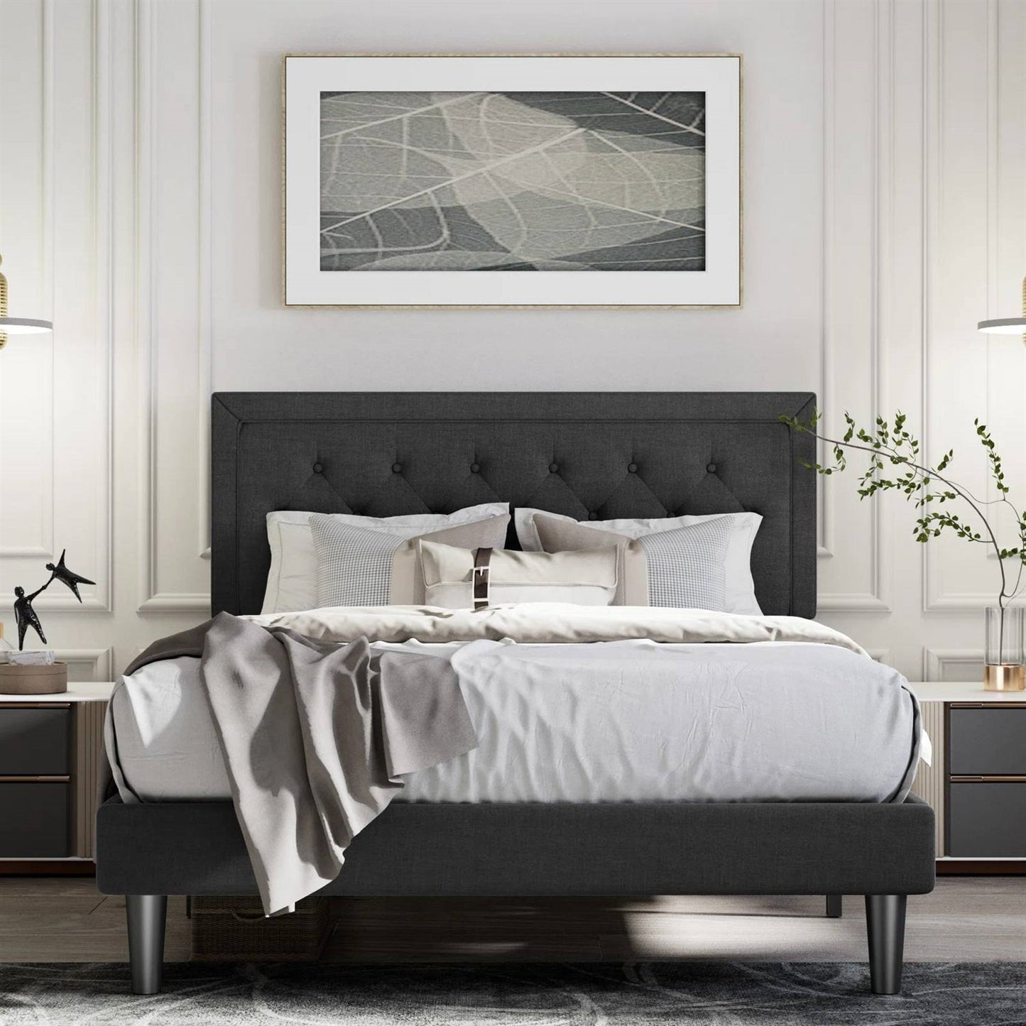 Queen Black Linen Upholstered Platform Bed Frame with Button-Tufted Headboard-0