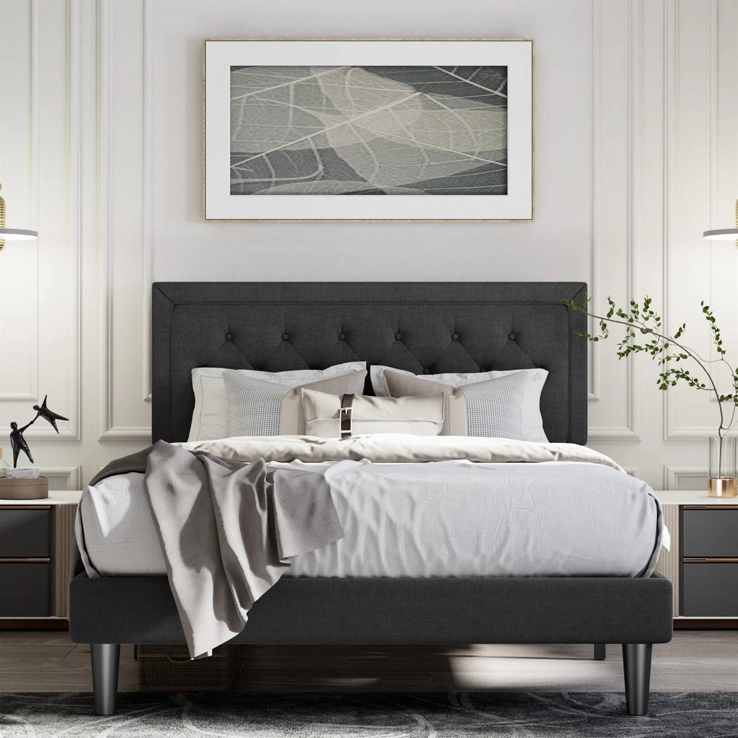 Queen Black Linen Upholstered Platform Bed Frame with Button-Tufted Headboard-0