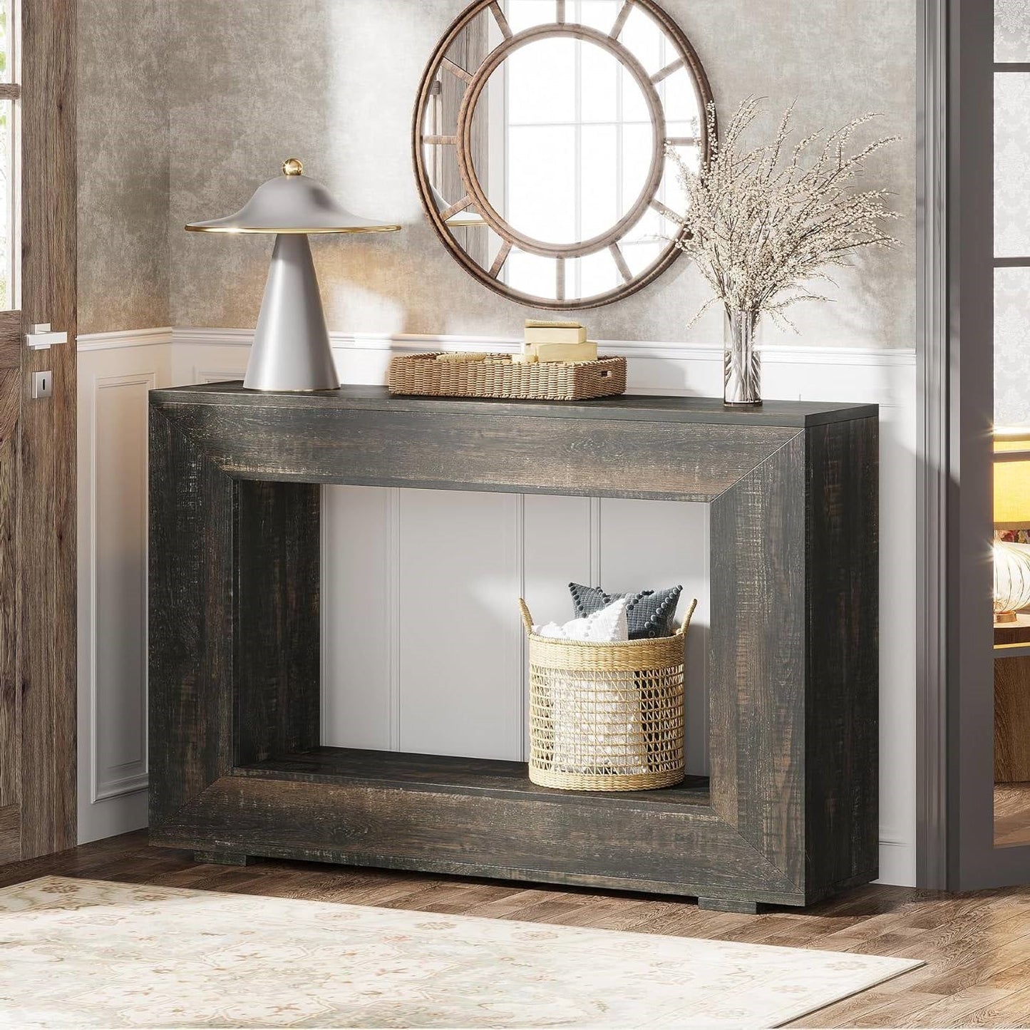 Modern Farmhouse 47-inch Long Sofa Table in Dark Grey Black Wood Finish-1