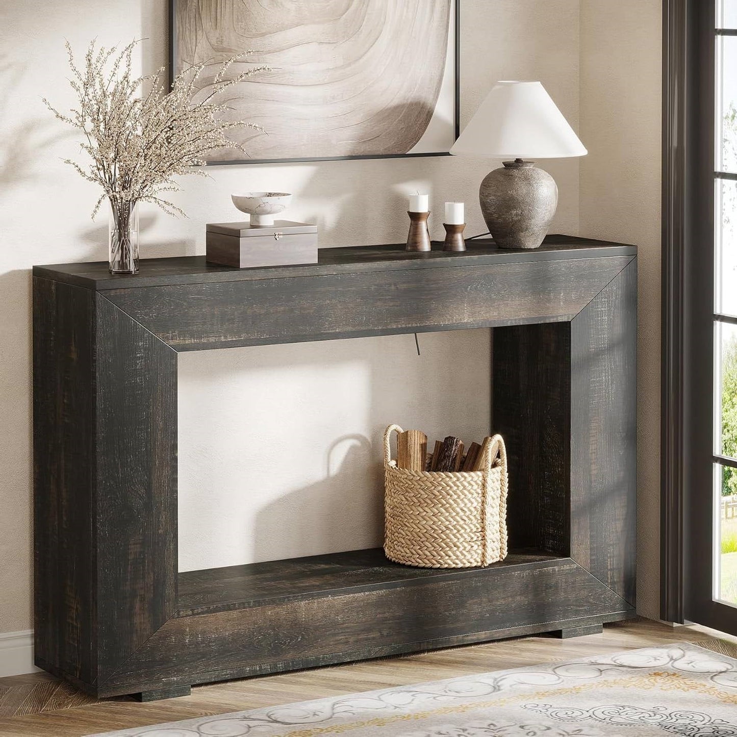Modern Farmhouse 47-inch Long Sofa Table in Dark Grey Black Wood Finish-2