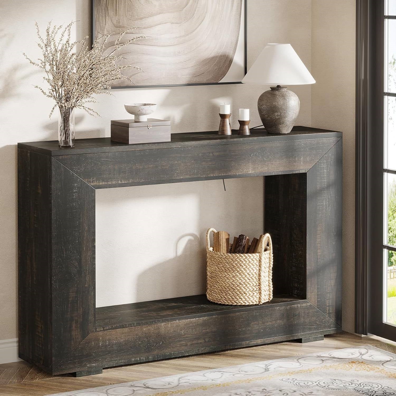 Modern Farmhouse 47-inch Long Sofa Table in Dark Grey Black Wood Finish-2