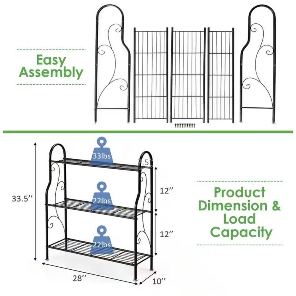 Indoor/Outdoor Black Metal 3-Tier Bookcase Plant Stand Shelving Rack-4