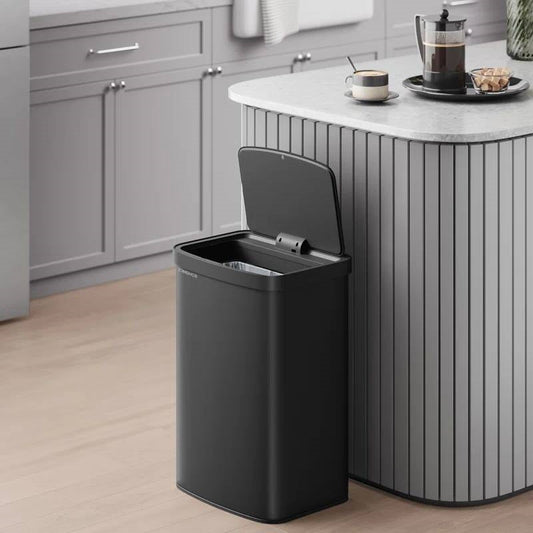 Black 13-Gallon Kitchen Trash Can with Motion Sensor Lid and Carbon Filter-0