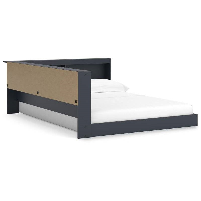 Twin size Blue Wooden Corner Storage Bed with Bookcase Headboard and USB Ports-2