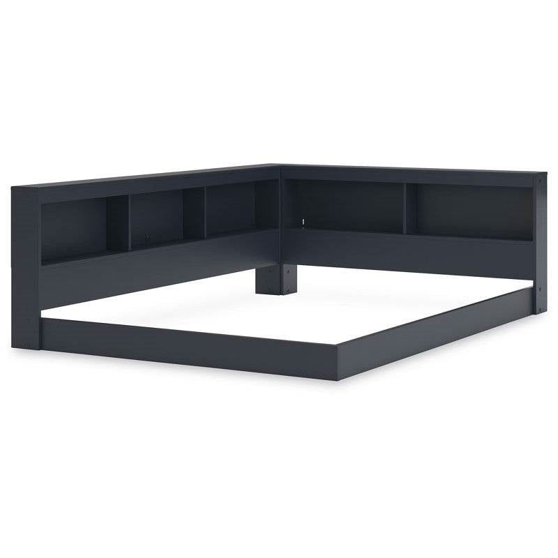 Twin size Blue Wooden Corner Storage Bed with Bookcase Headboard and USB Ports-3