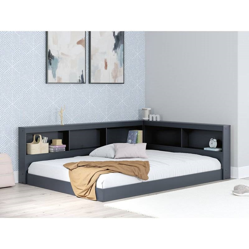 Twin size Blue Wooden Corner Storage Bed with Bookcase Headboard and USB Ports-4