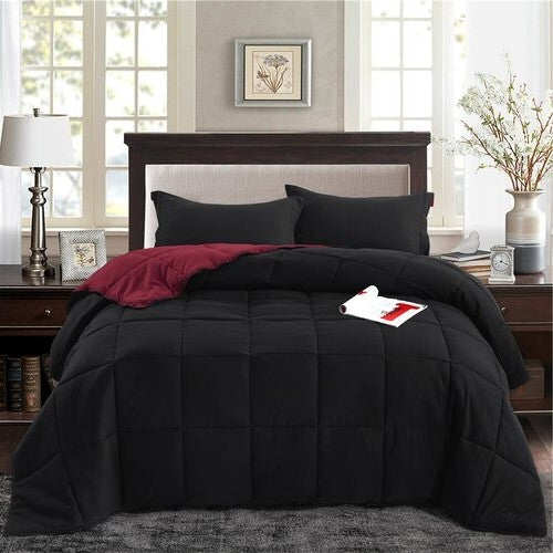 Twin/Twin XL Traditional Microfiber Reversible 3 Piece Comforter Set in Black/Maroon-0