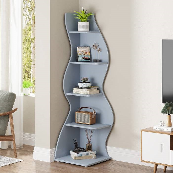 Modern Whimsical 5 Shelf Corner Bookcase Stand Blue Wood Finish-0