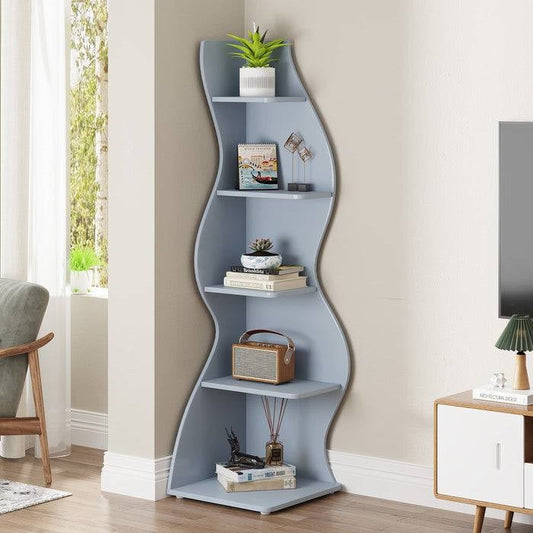 Modern Whimsical 5 Shelf Corner Bookcase Stand Blue Wood Finish-0
