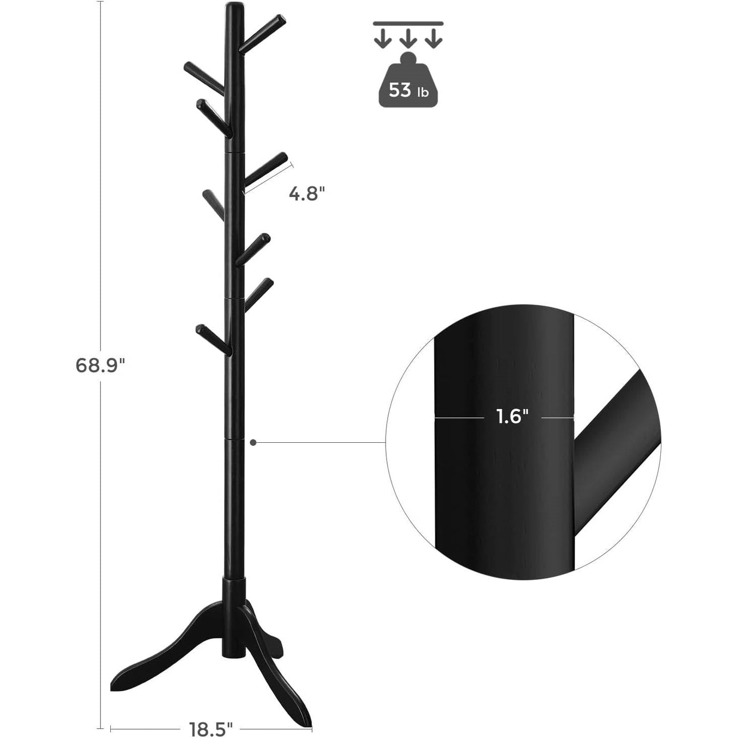 Space Saving Solid Wood Modern Coat Rack in Black Finish-4