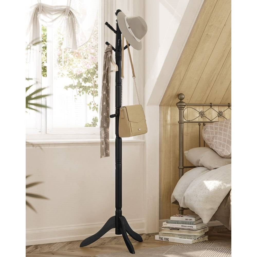 Solid Wood Coat Rack with 10 Hooks in Black Finish-0