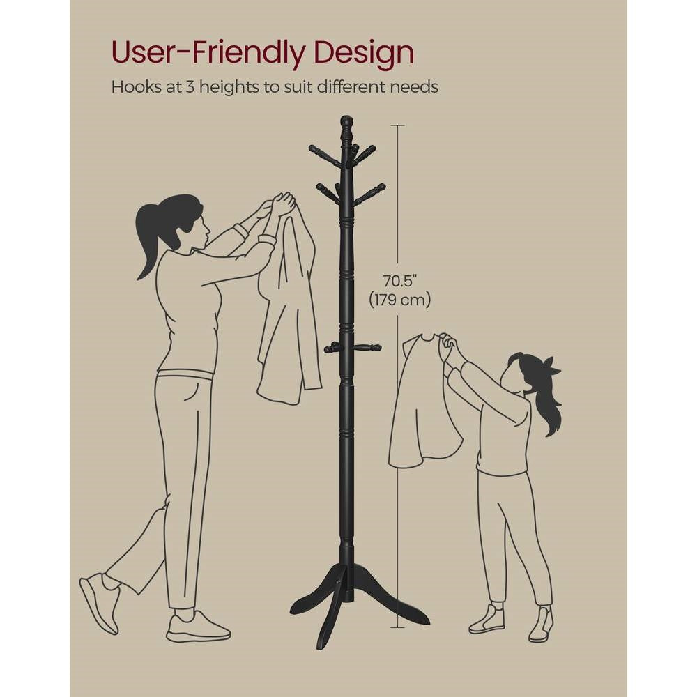 Solid Wood Coat Rack with 10 Hooks in Black Finish-3