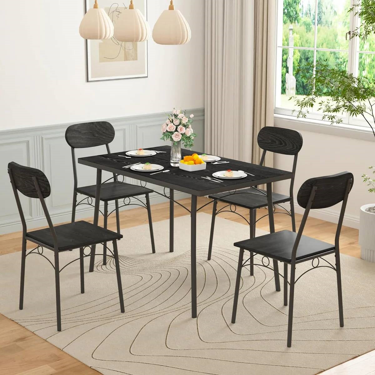 Modern 5-Piece Dining Set with Black Wood-Top Table and 4 Chairs-1