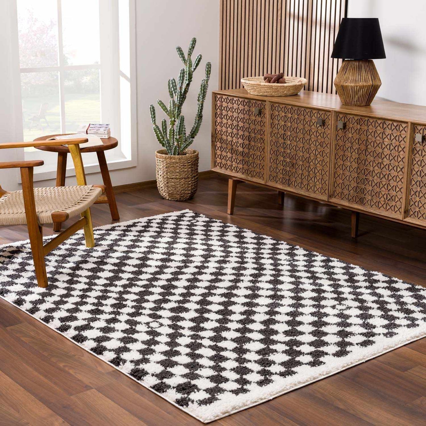 Kieu Black & White Checkered Shag Rug-3