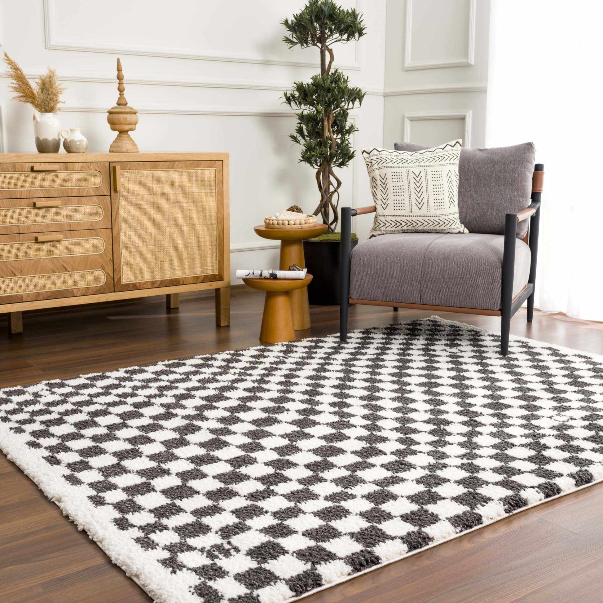 Kieu Black & White Checkered Shag Rug-5