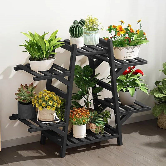 Indoor Outdoor Black Bamboo Wood 6-Shelf Flower Pot Plant Stand-0