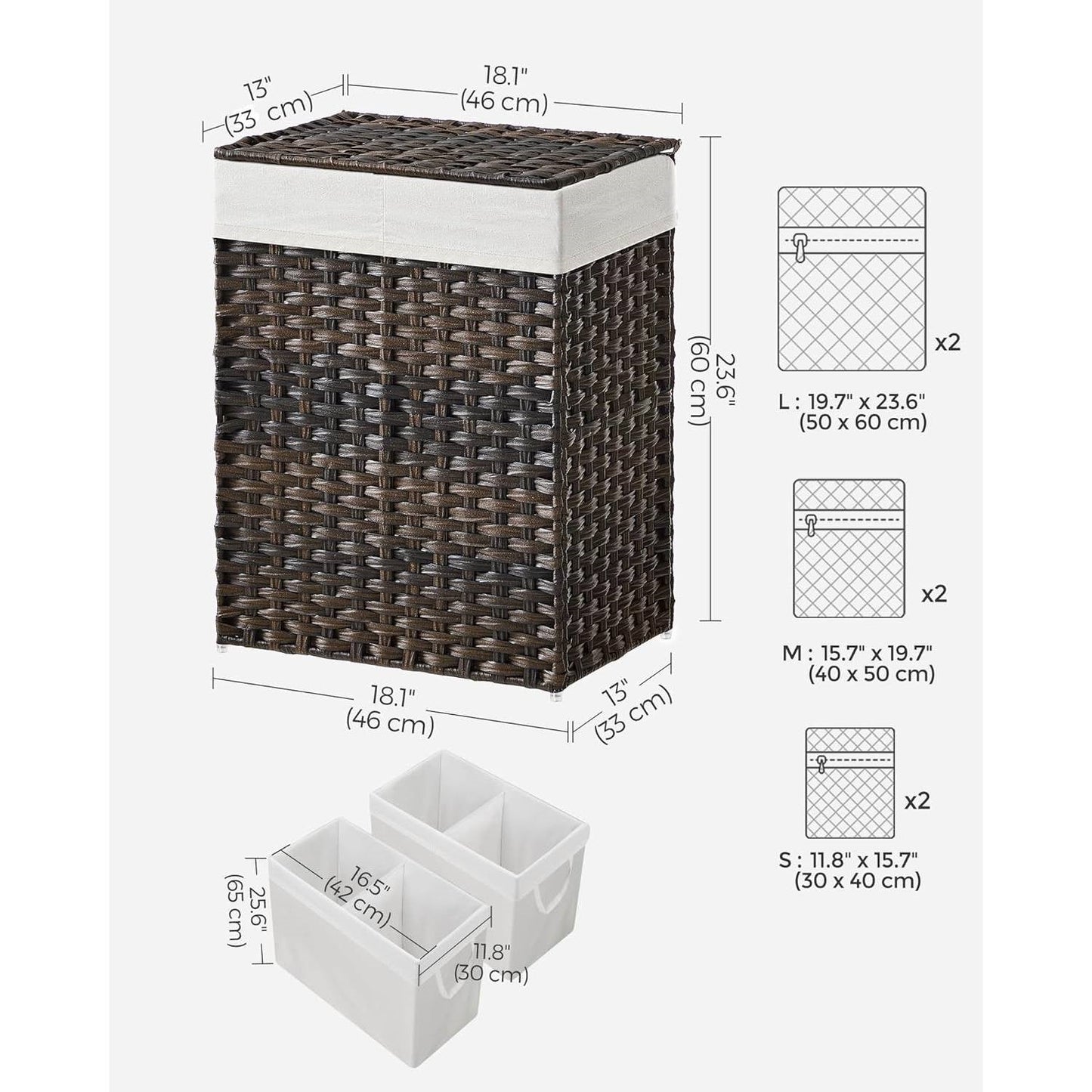 Brown PP Rattan 24-Gal Laundry Hamper Basket w/ 2-Compartment Washable Liner Bag-4