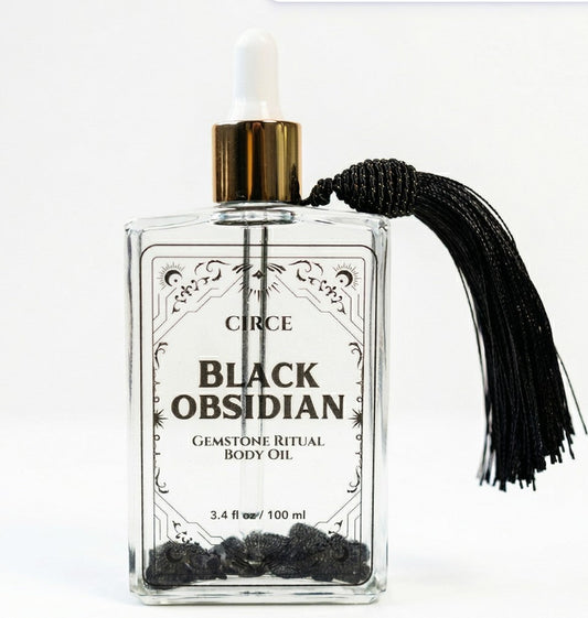 Black Obsidian Gemstone Body Oil — Protection & Grounding Shimmer Oil with Amber & Vanilla