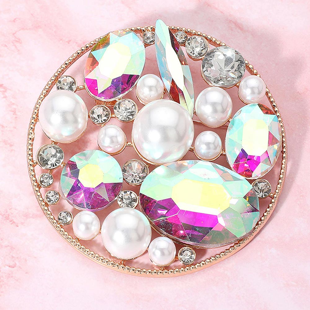 Pearl Stone Cluster Embellished Chunky Round Pin Brooch