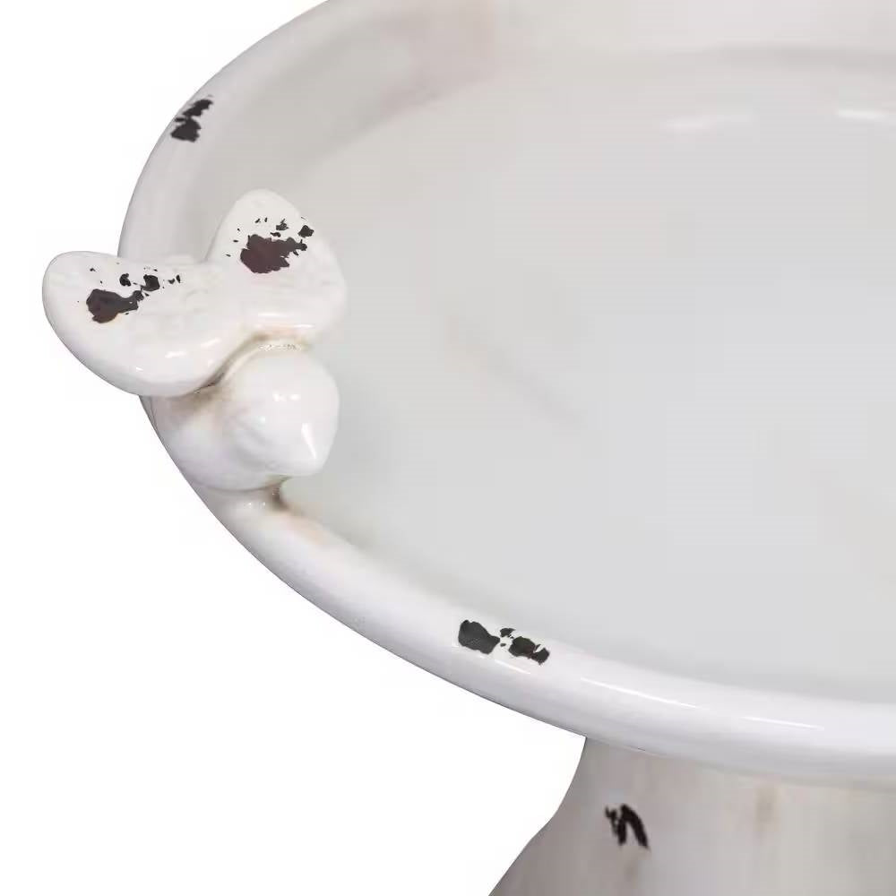 Outdoor Off-White Ceramic Birdbath in Light-Brown Antique Finish-3