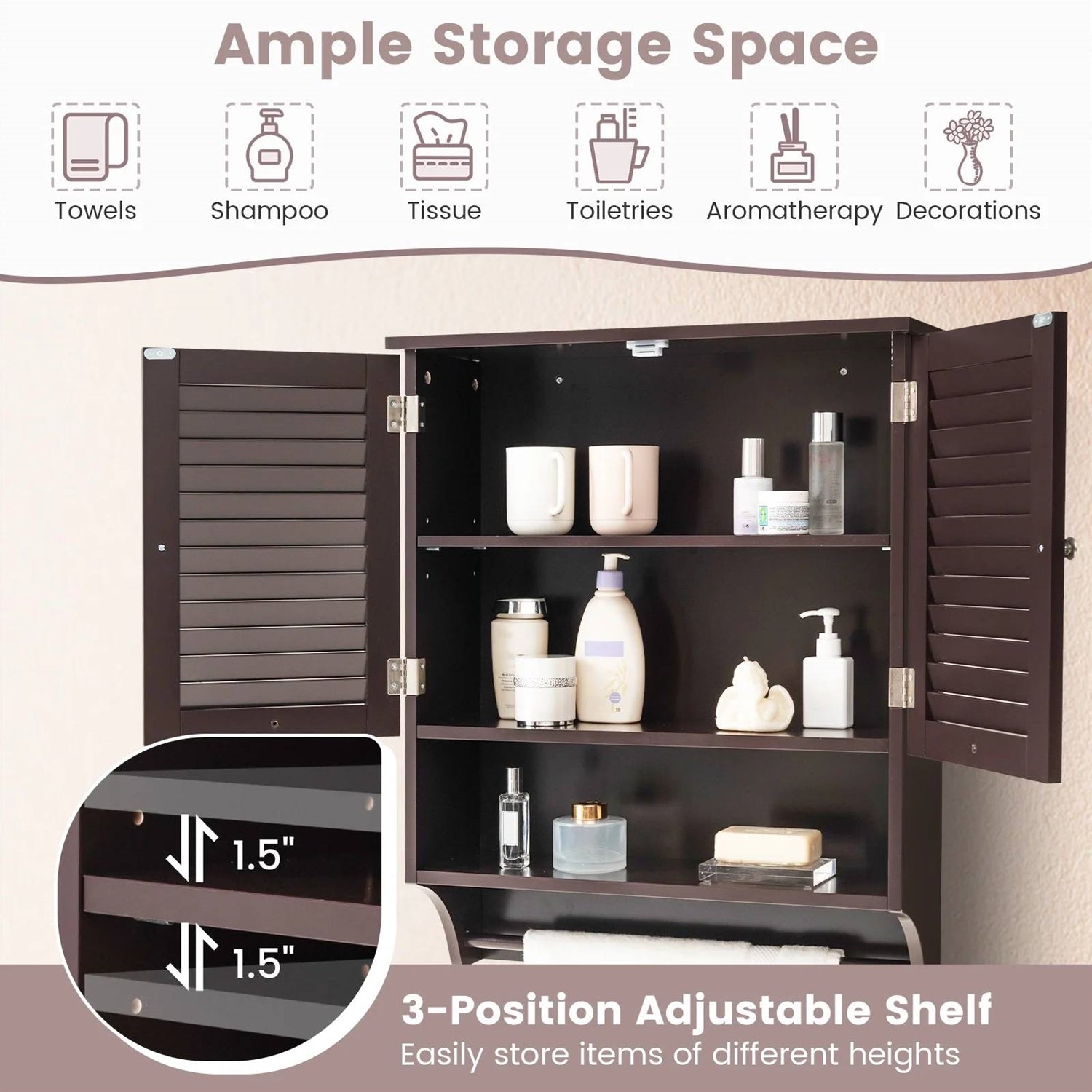 Brown Wall-Mounted Bathroom Medicine Cabinet with Louver Doors and Towel Bar-3