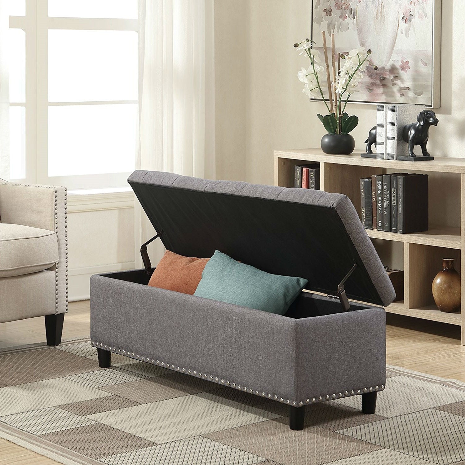 Grey Linen 48-inch Bedroom Storage Ottoman Bench Footrest-1