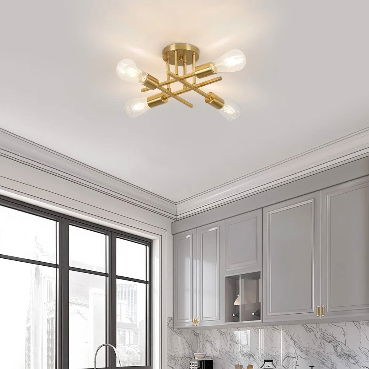 4-Light Flush Mount Modern Sputnik Ceiling Light Fixture in Brass Finish-2