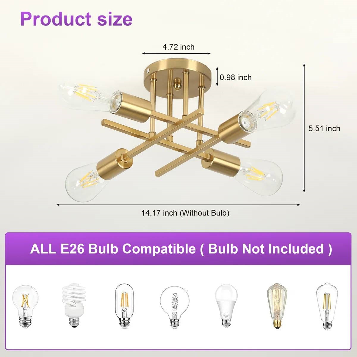 4-Light Flush Mount Modern Sputnik Ceiling Light Fixture in Brass Finish-4