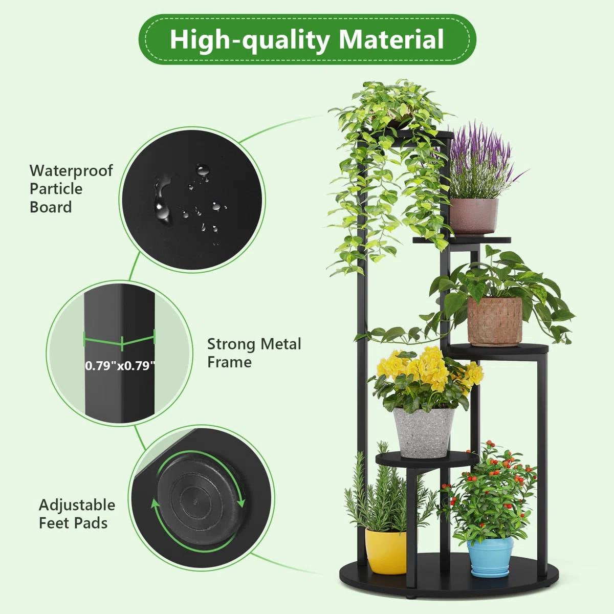 5-Tier Indoor Plant Stand with Black Metal Frame and Brown Wood Finish Shelves-3
