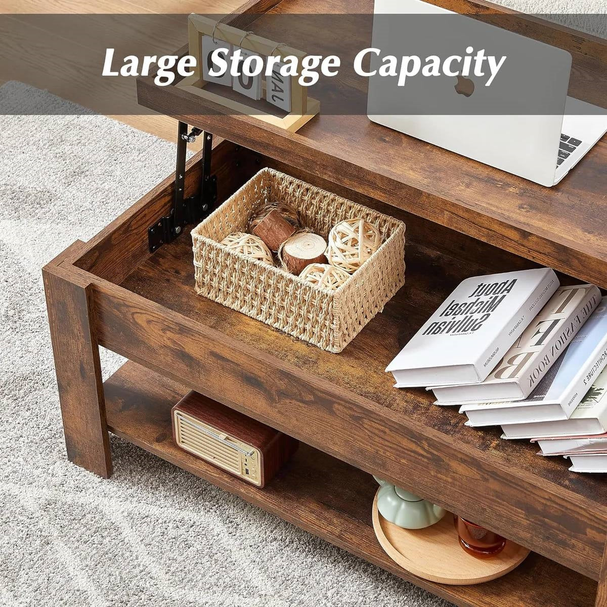 Modern Lift Top Coffee Table with Storage Shelf in Brown Wood Finish-2