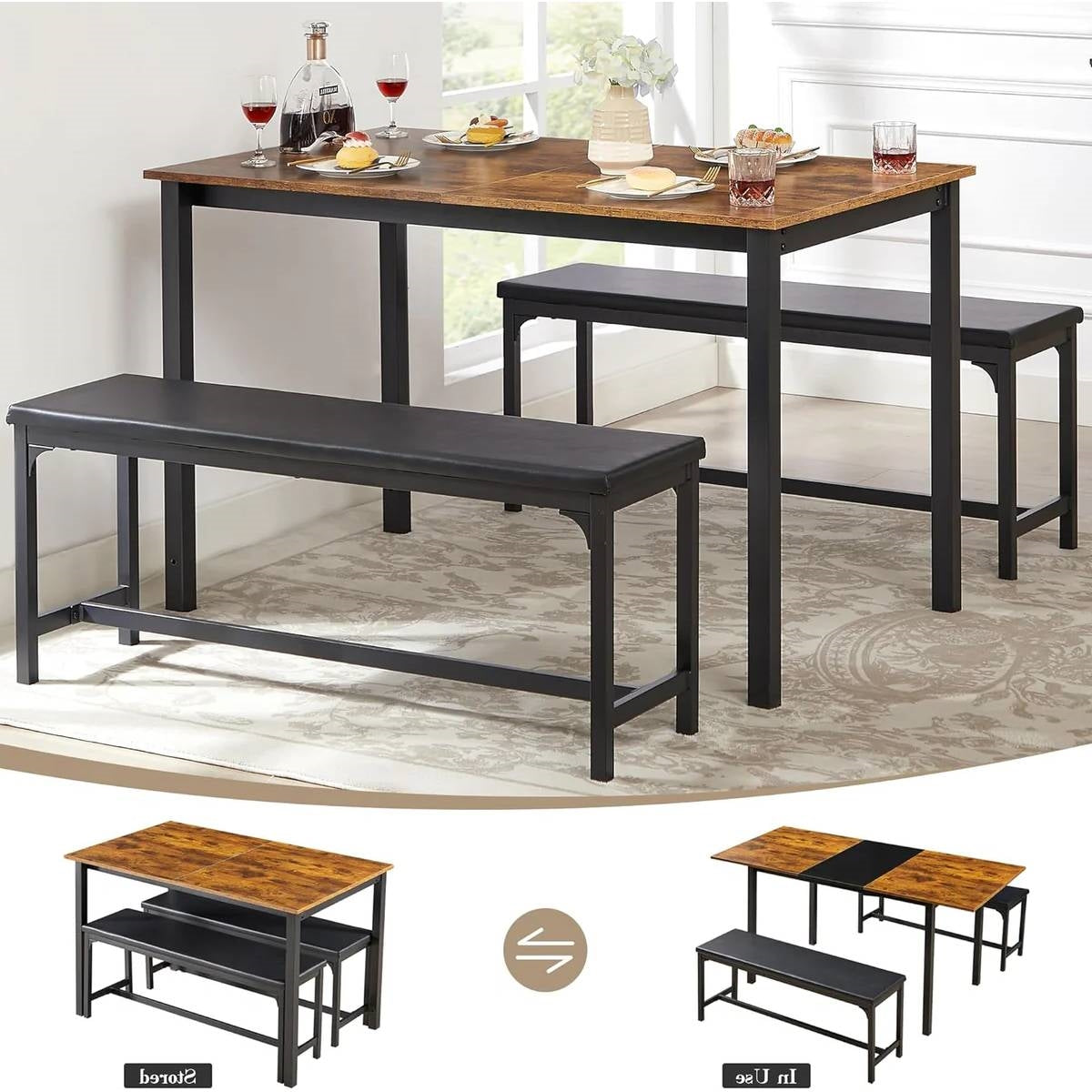 Modern 3-Piece Dining Set with Expandable Kitchen Table and 2 Backless Benches-2