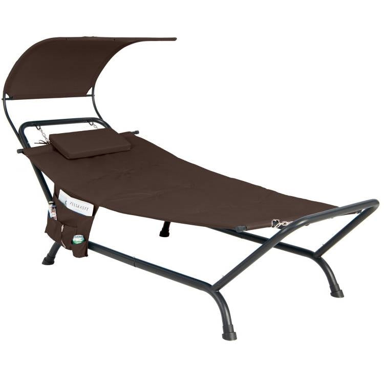 Brown Polyester Chaise Lounge Chair Hammock with Canopy and Storage Bag-0