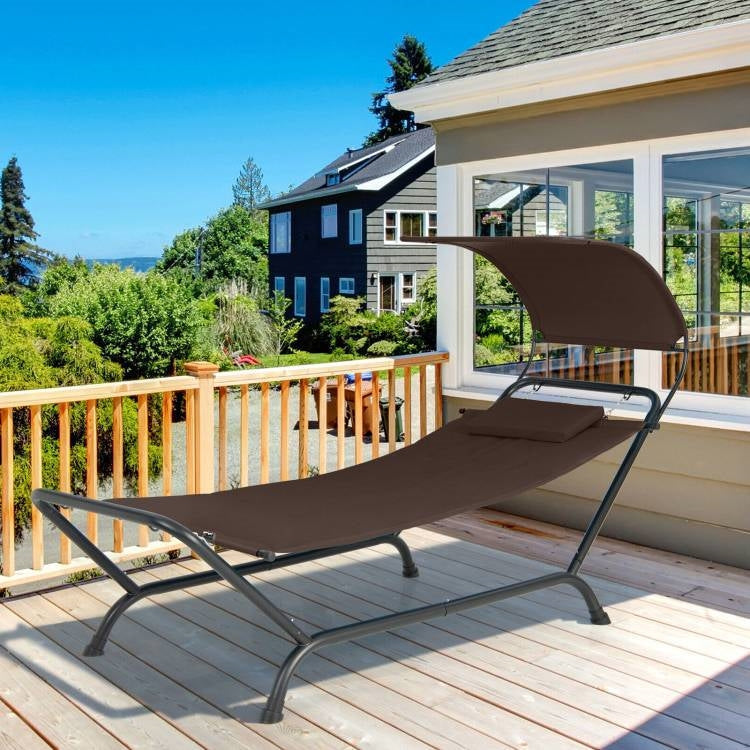 Brown Polyester Chaise Lounge Chair Hammock with Canopy and Storage Bag-2