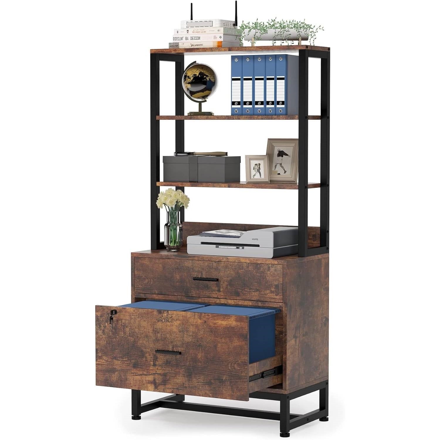 Home Office Lockable 2 Drawer Filing Cabinet Bookshelf in Brown Wood Finish-0
