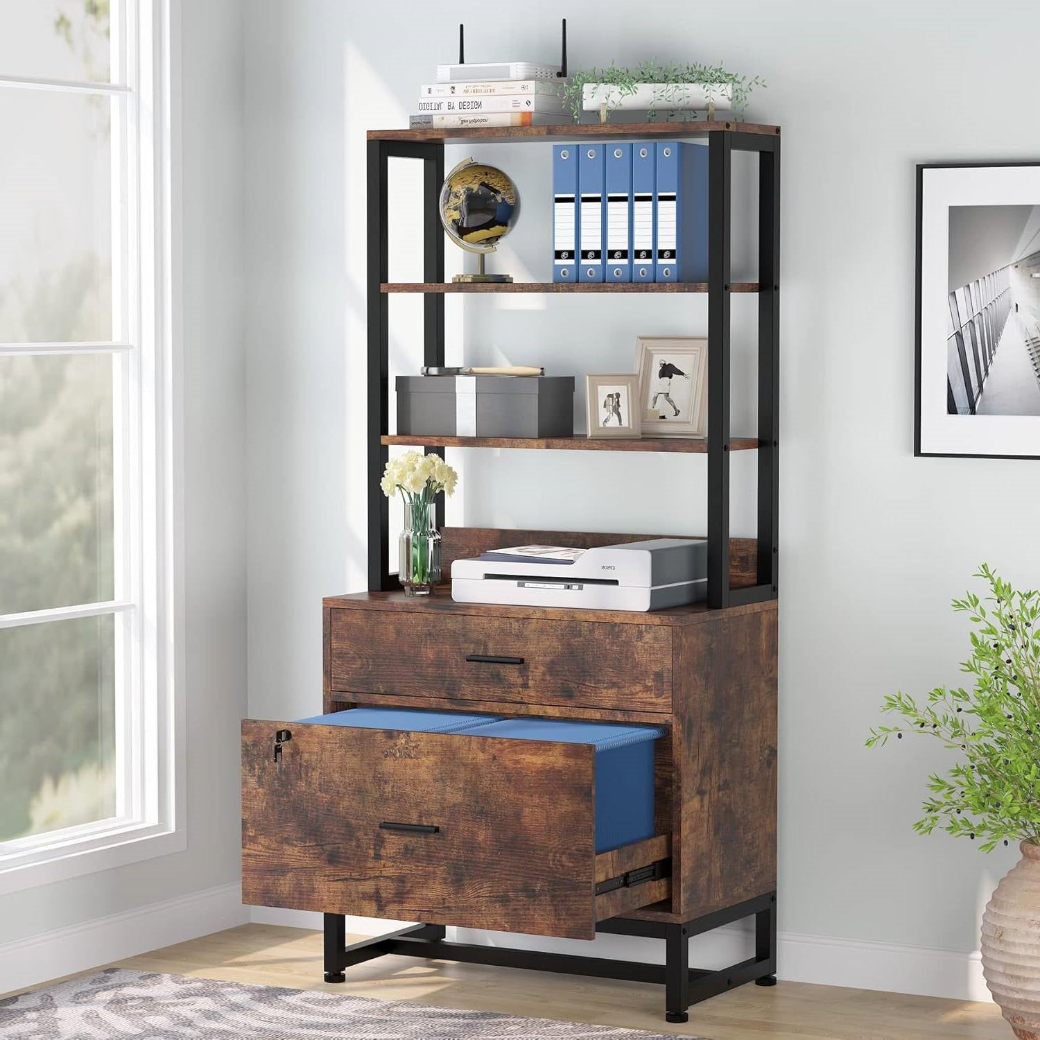 Home Office Lockable 2 Drawer Filing Cabinet Bookshelf in Brown Wood Finish-1