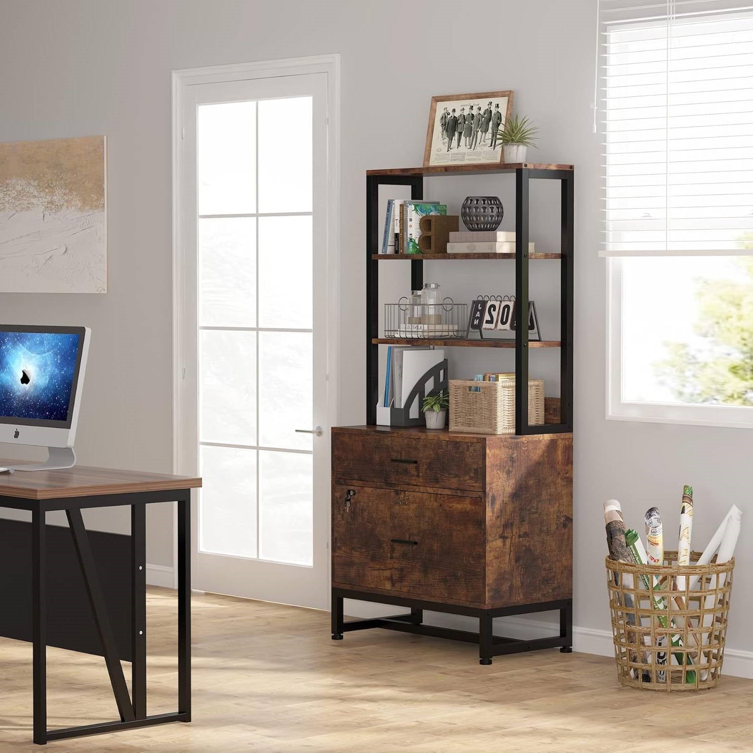 Home Office Lockable 2 Drawer Filing Cabinet Bookshelf in Brown Wood Finish-2