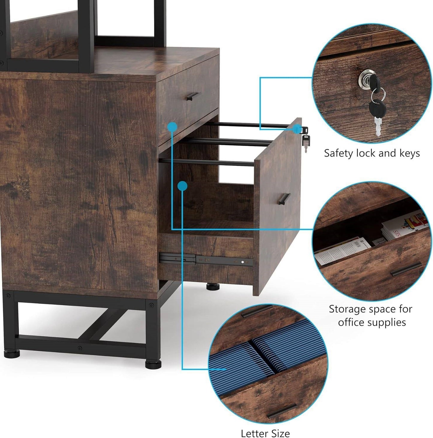 Home Office Lockable 2 Drawer Filing Cabinet Bookshelf in Brown Wood Finish-3