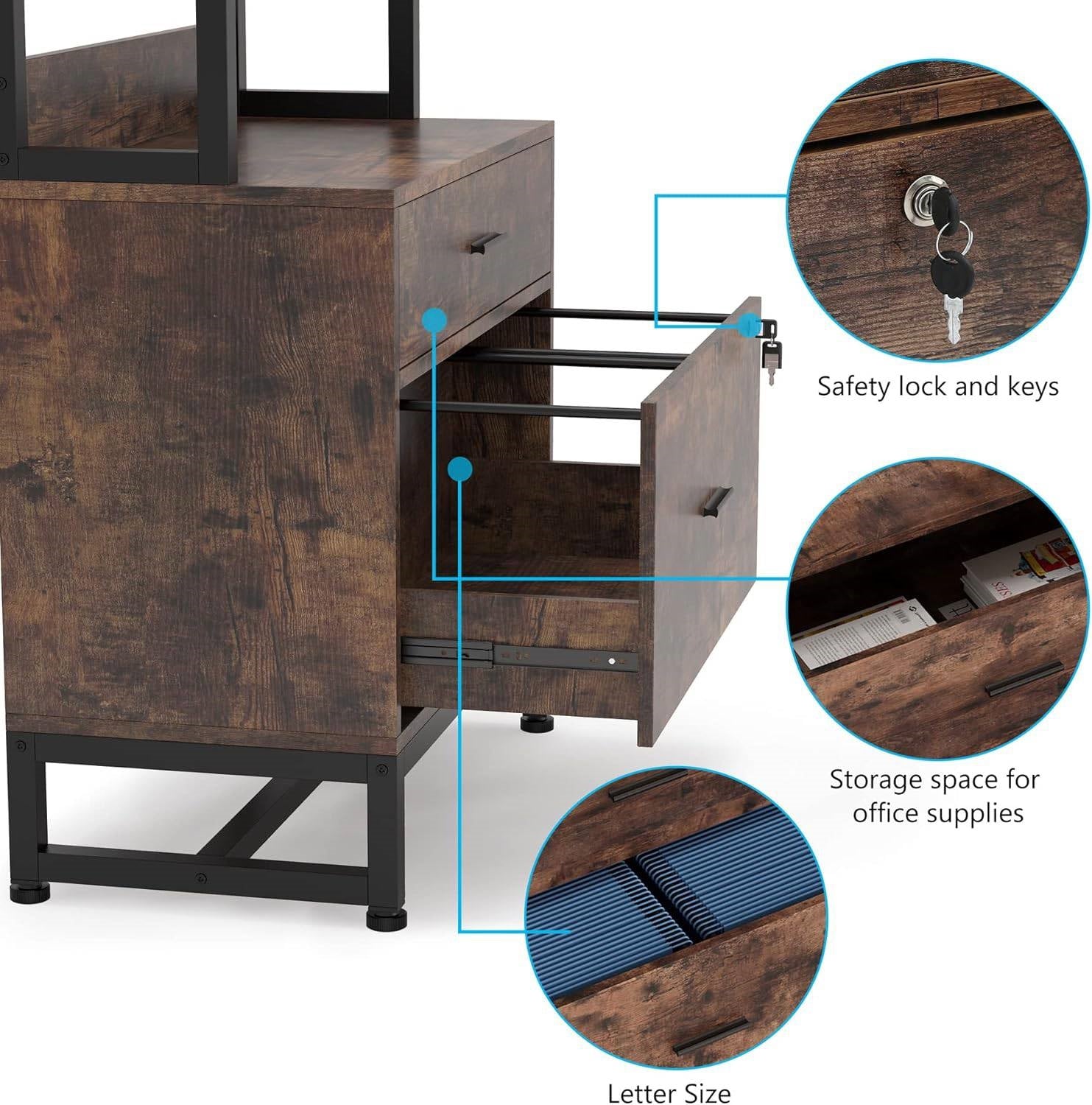 Home Office Lockable 2 Drawer Filing Cabinet Bookshelf in Brown Wood Finish-3