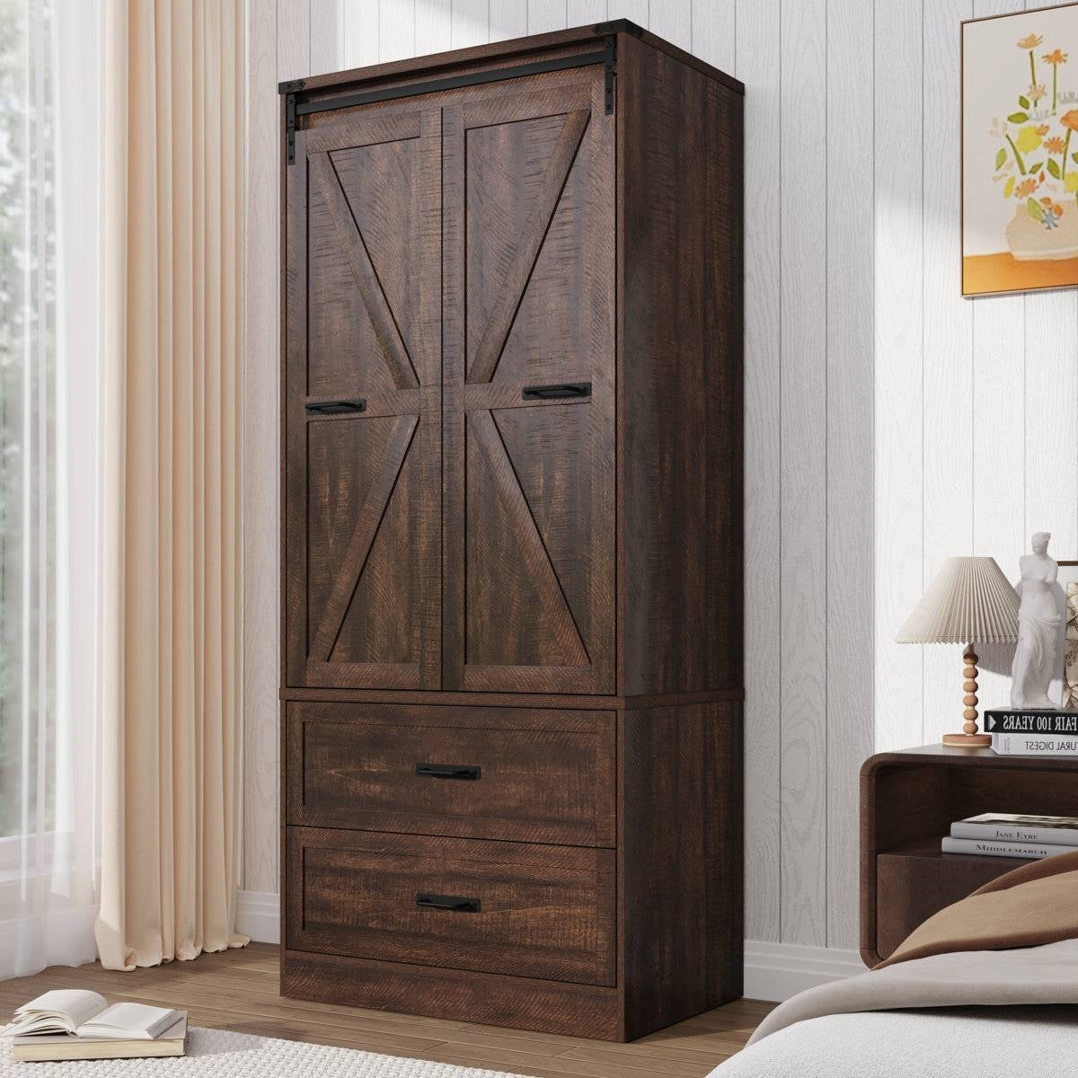 Espresso Brown Wood Farmhouse Armoire Wardrobe Closet with Sliding Barn Doors-0