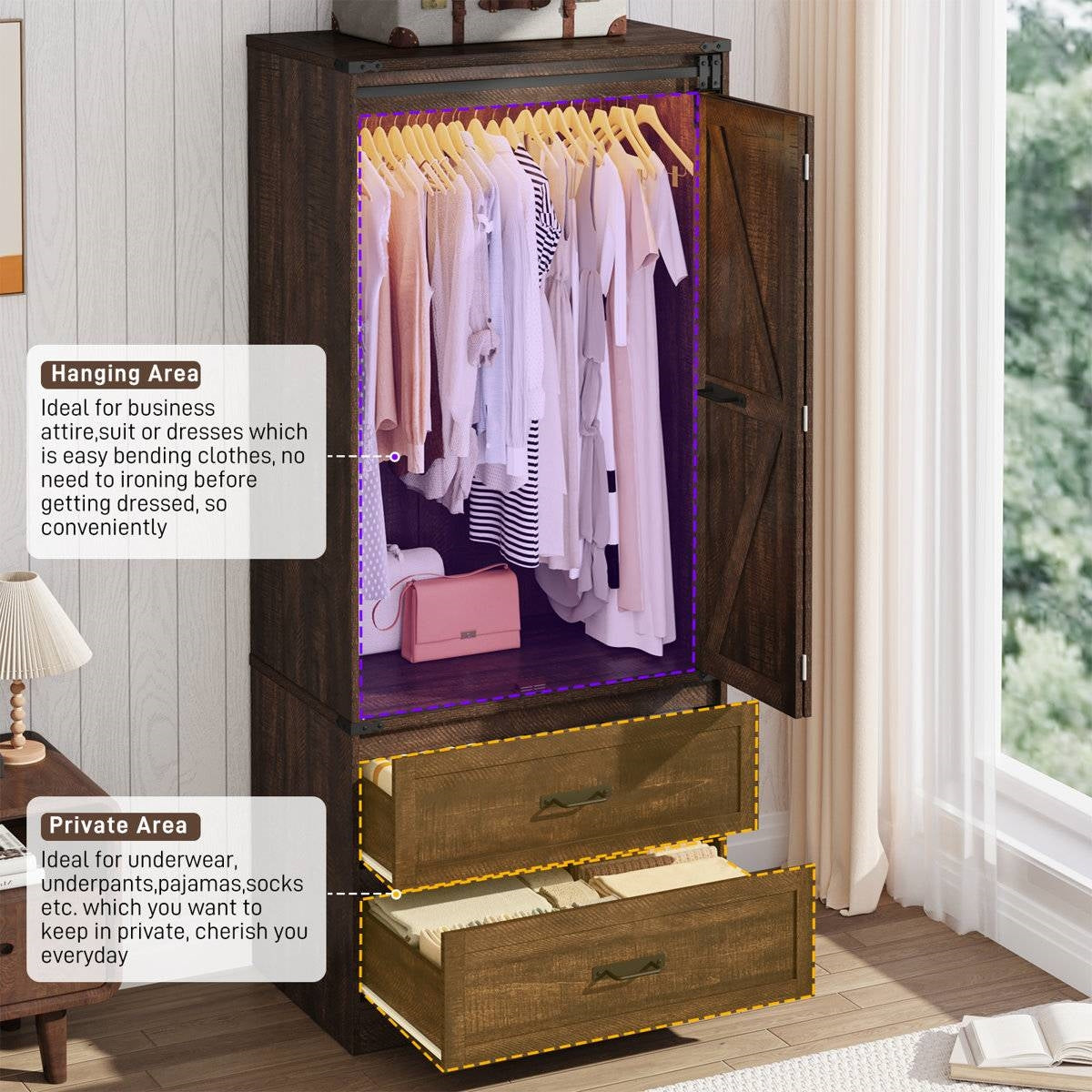 Espresso Brown Wood Farmhouse Armoire Wardrobe Closet with Sliding Barn Doors-1